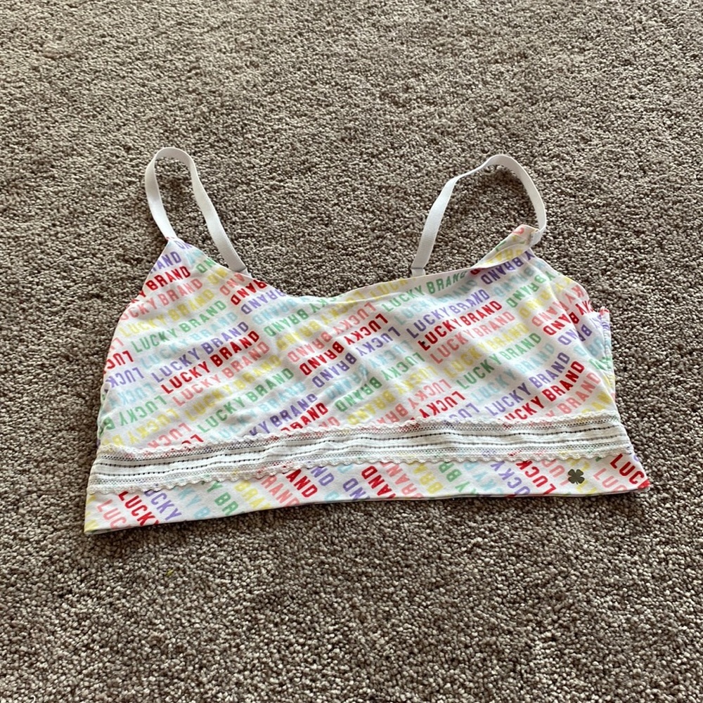Lucky Brand Rainbow Logo Print Bralette Lace Trim Adjustable Straps SIZE M